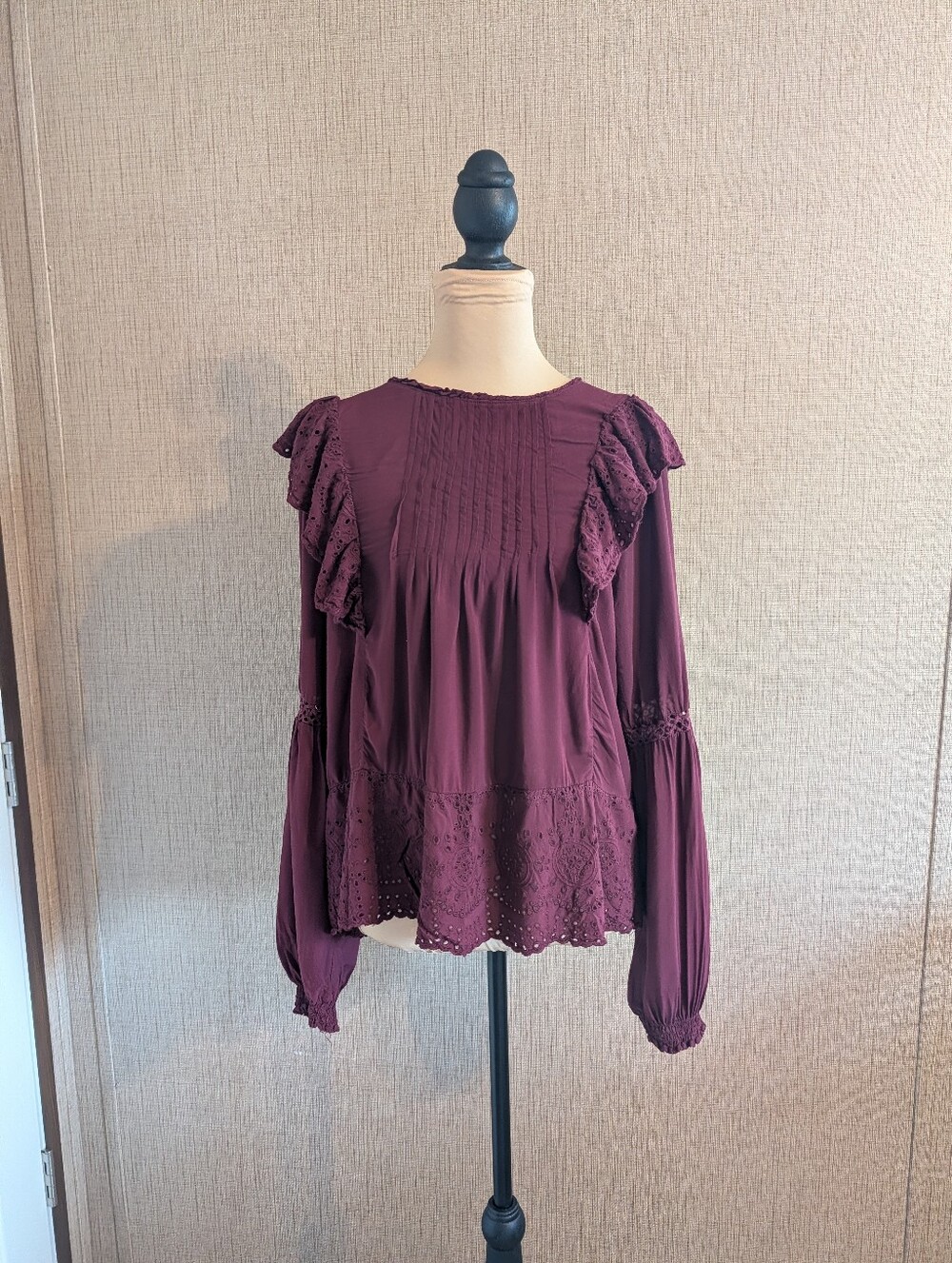 Knox Rose Deep Plum Lace-Trim Ruffle Blouse